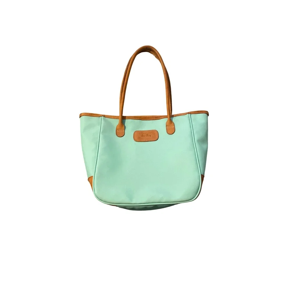 Turquoise Medium Holiday Tote Design Canvas Leather Trim Personalized Shelby